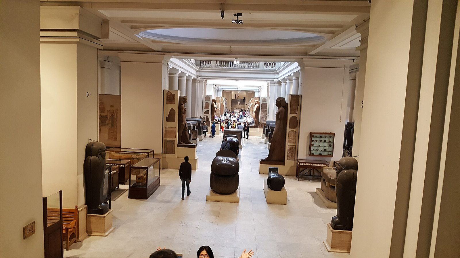 Wide historic gallery inside the Egyptian Museum in Cairo