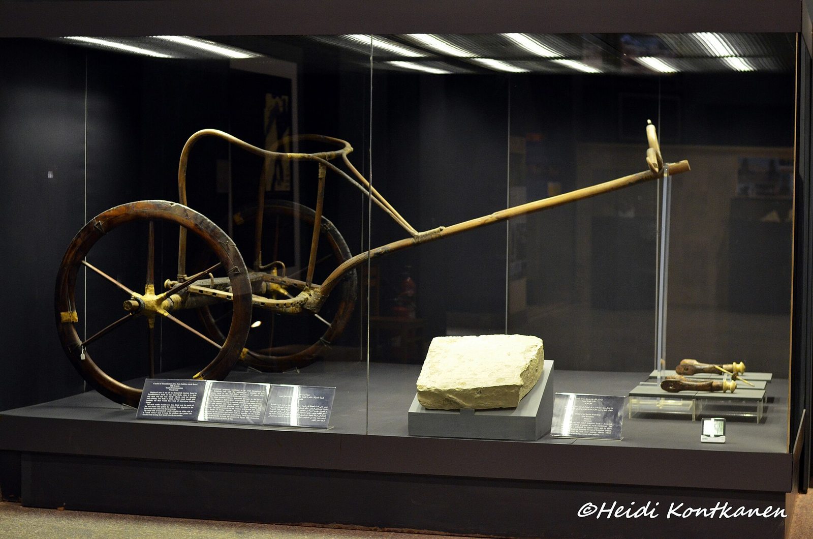 Chariot displayed in Luxor Museum with visible mounting and gallery context